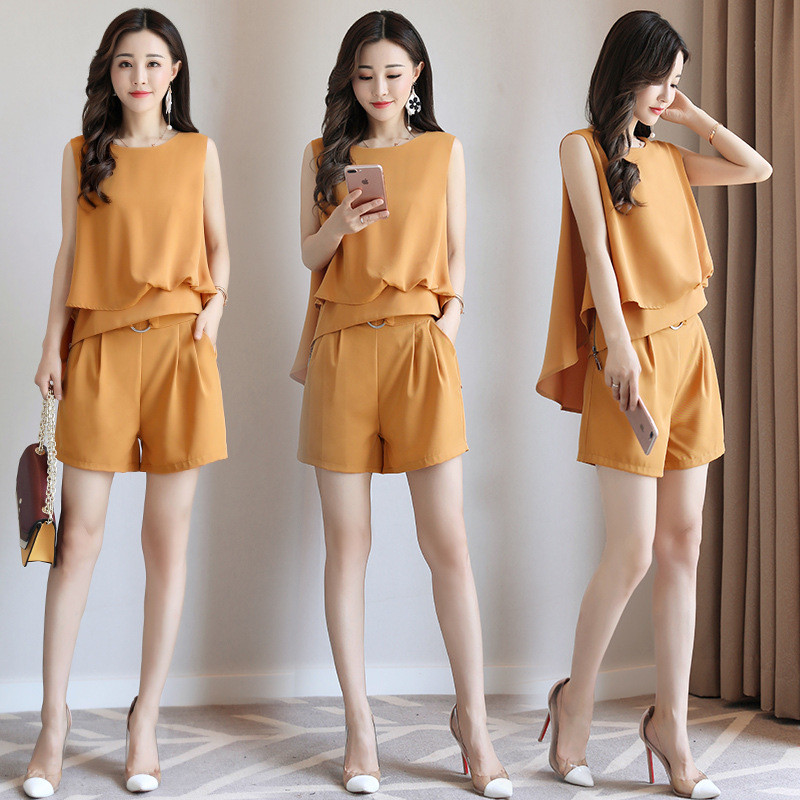 2017韩版时尚短裤套装女夏季显瘦雪纺阔腿裤洋气小香风名媛两件套