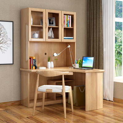 青木川 实木电脑桌 转角学习写字桌 拐角书桌带书架组合一体书柜 原木