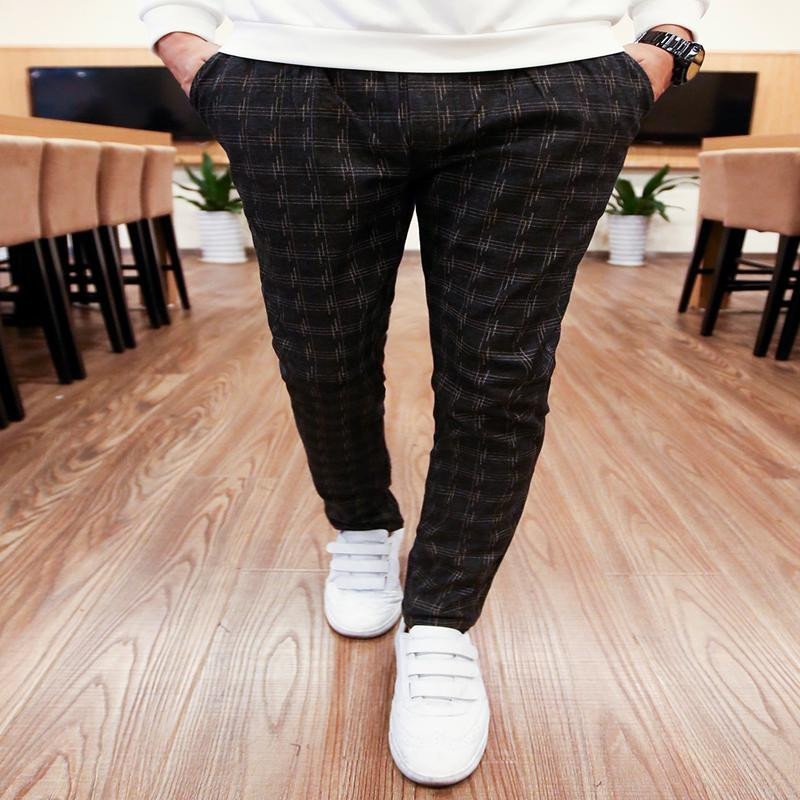 uyuk春秋季男装格子薄款休闲裤长裤修身小脚裤韩版男士裤子潮男哈伦裤