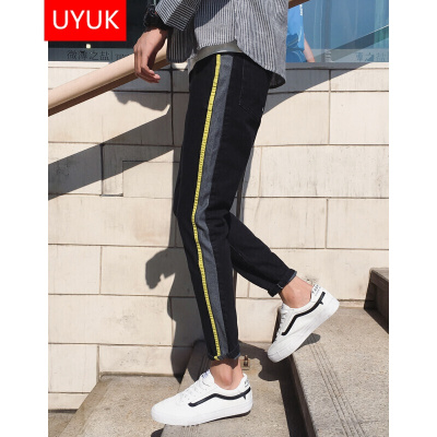 有衣有靠牛仔裤男2017秋冬季新款韩版条纹边装饰牛仔休闲裤子学生修身显瘦长裤