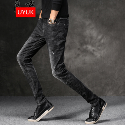 UYUK2017秋冬款青年男装黑色牛仔裤韩版修身弹力破洞小脚长裤潮流黑色