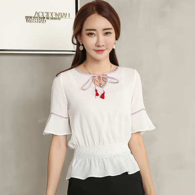 古莱登(GODLIKE)2017夏季新款五分喇叭袖雪纺衫白色上衣女装修身小衫百搭