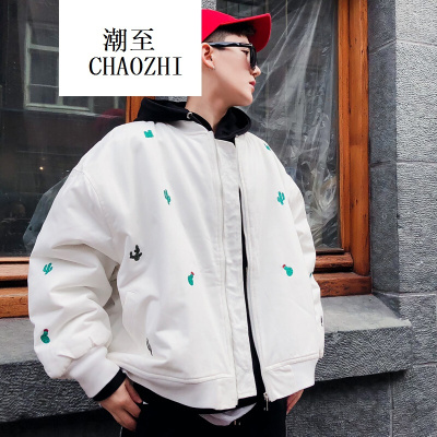 2017新款男士大码好看的仙人掌刺绣宽松棉衣时尚百搭潮流男装白色