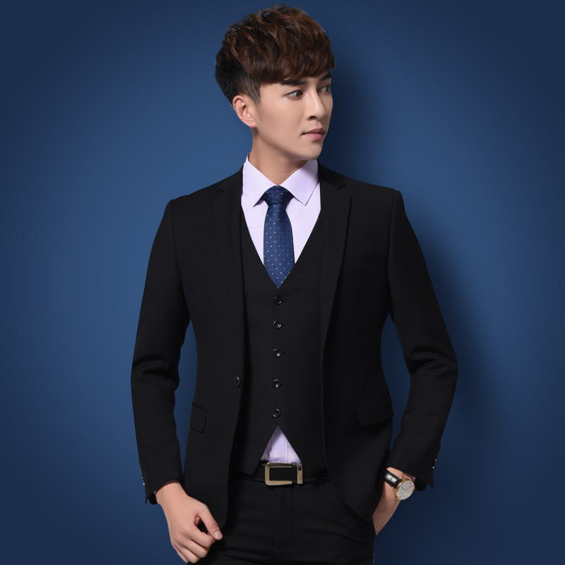 西服套装男士三件套商务正装职业西装修身伴郎新郎结婚礼服黑色秋潮