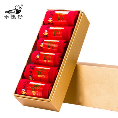 水鸭仔袜子6双盒装-棉中筒袜红袜踩小人家庭装休闲棉袜FC009款红色(男2双+女2双+儿童2双)均码