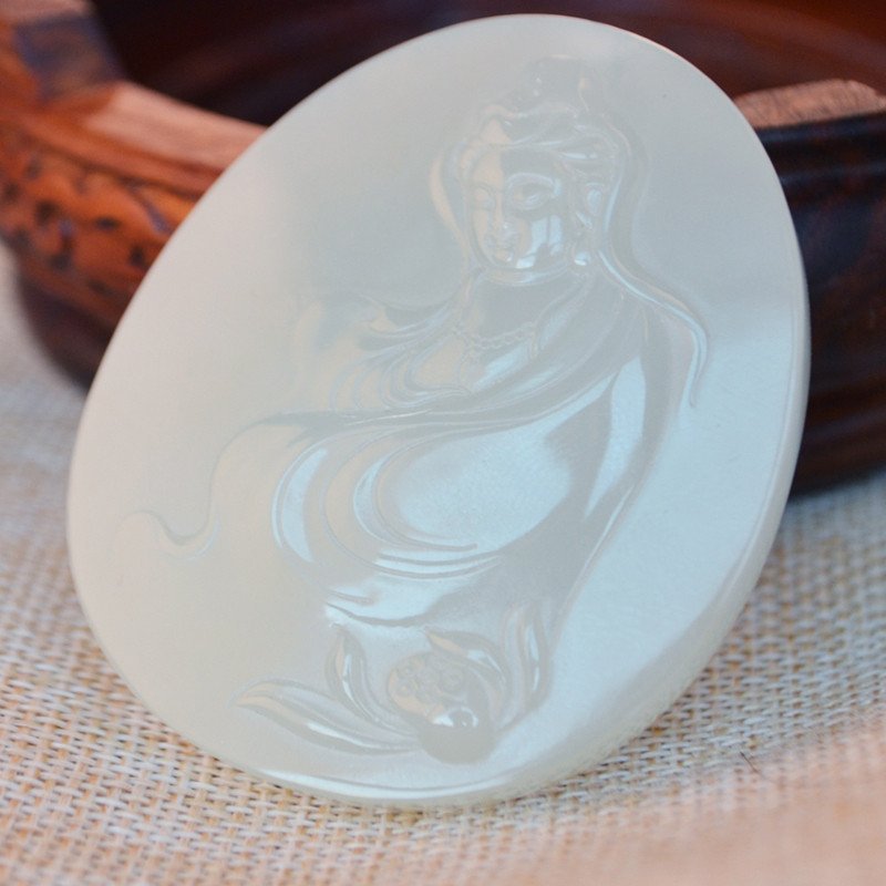 福聚祥新疆和田玉白玉吊坠挂坠观音送礼送鉴定证书