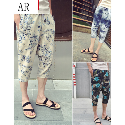 七分裤男2017夏季新款韩版修身休闲裤亚麻哈伦裤运动裤男