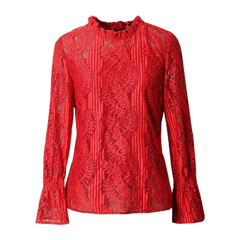 zk喇叭长袖镂空蕾丝衫雪纺女时尚2018春夏新款红色小衫打底衫上衣