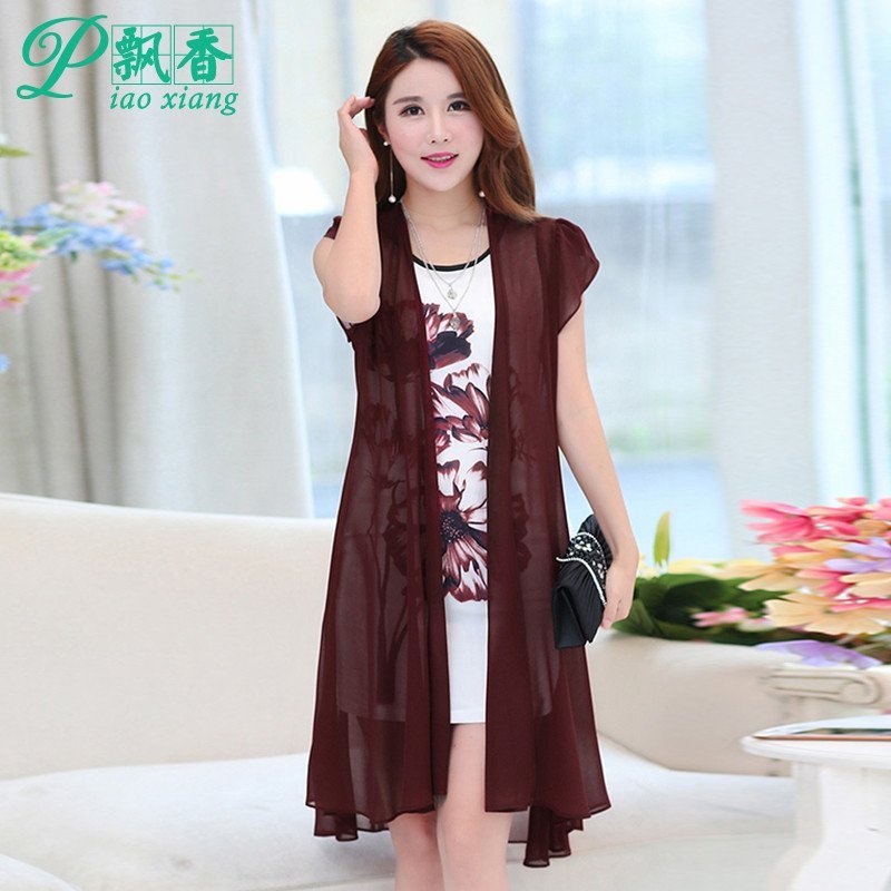 飘香2016夏季新款两件套短袖雪纺套装裙女装修身印花包臀裙连衣裙v2