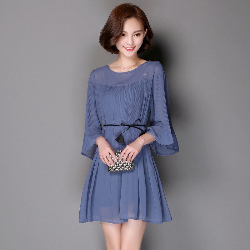 蔚缇雪纺连衣裙女夏季新款韩版a字短裙九分喇叭袖高腰裙子