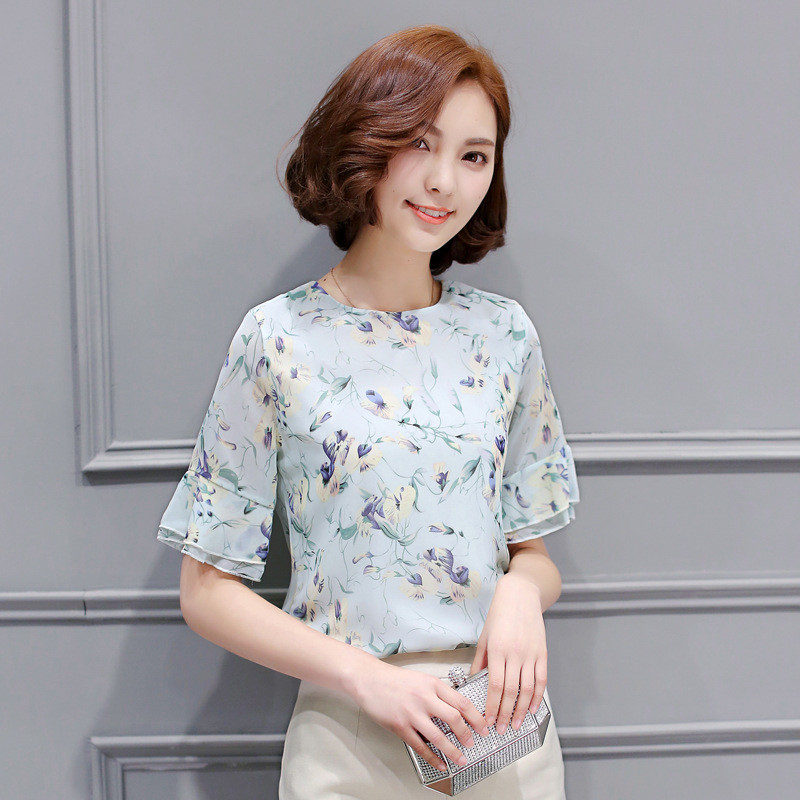 蔚缇2016春夏装新款宽松女雪纺衫韩版淑女印花小衫雪纺女士上衣