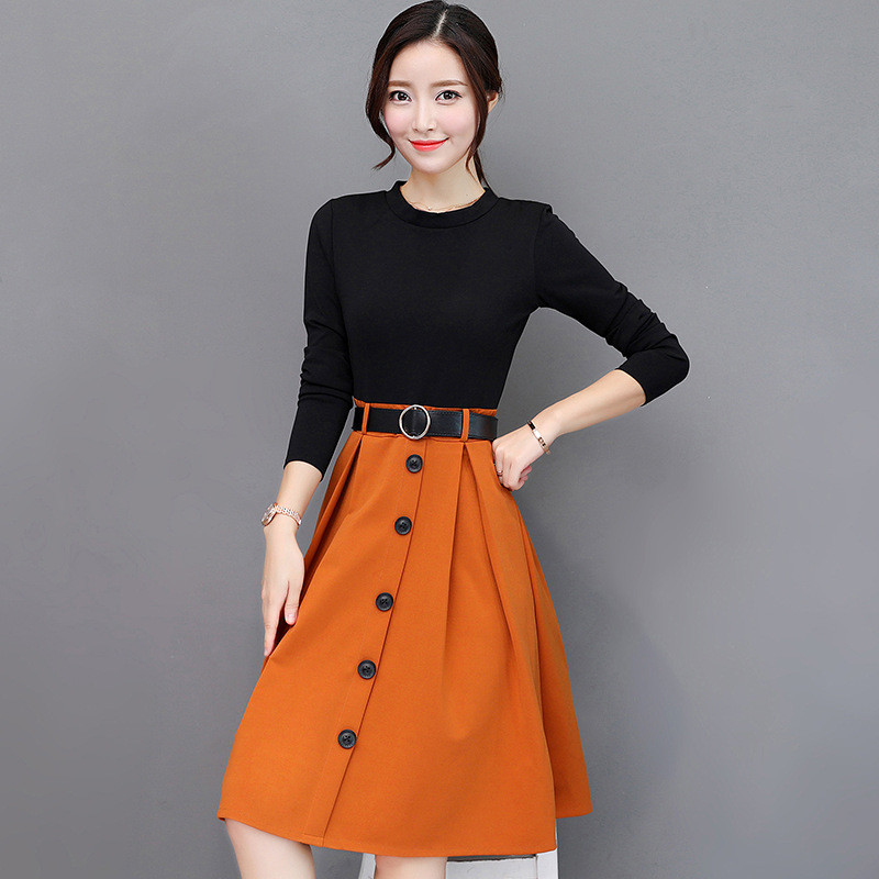 蔚缇2017连衣裙秋装新款女假两件收腰显瘦气质名媛秋冬长袖打底a字裙 