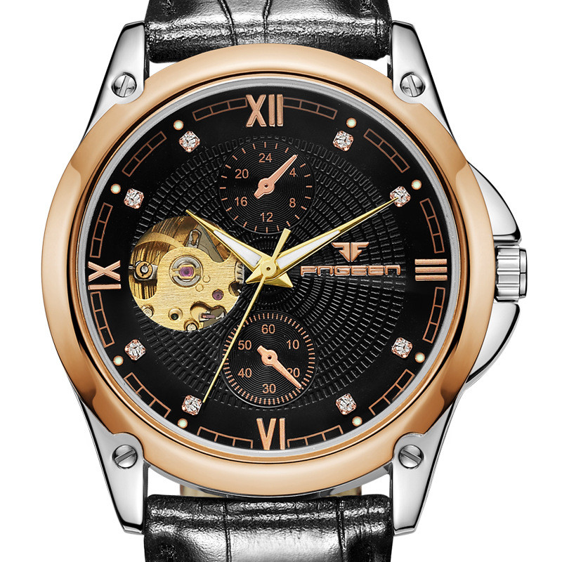 芬尊(fngeen)全自动机械表时尚男士皮带镂空陀飞轮腕