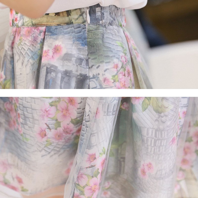 蓝采和 夏季新款韩版女装印花碎花欧根纱雪纺连衣裙时尚套装女两件套