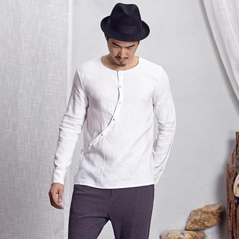 中国风新款禅意斜门襟宽松亚麻衬衫男长袖民族风盘扣上衣潮