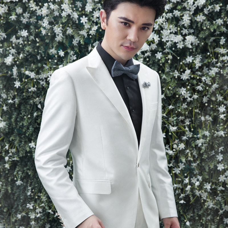 2016新款结婚西装男士戗驳领修身白色一粒单排扣时尚都市西服男套装