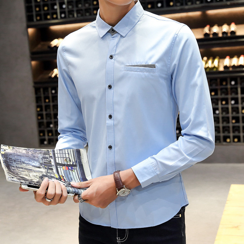 魅言魅语2017薄款休闲韩版休闲商务职业男士长袖衬衫青年纯色修身白