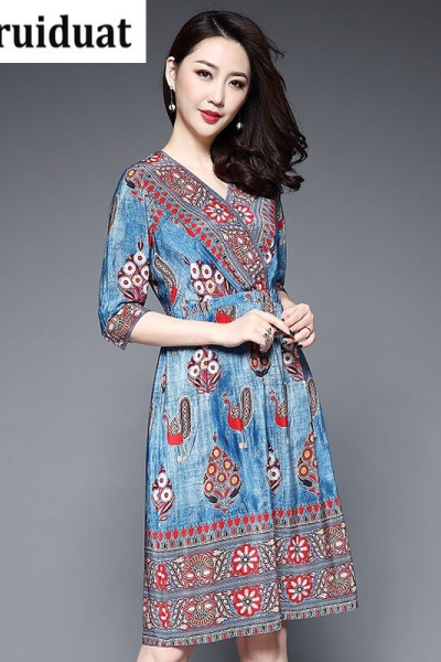 Kruidvat2017春季v领女装五分袖真丝连衣裙刺绣印花欧洲站a字裙新款Z011牛仔色