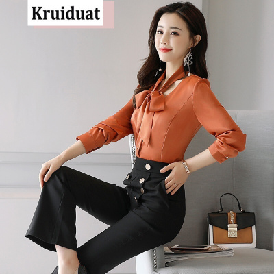 奈琴尔时尚休闲套装2017秋装韩版雪纺衫阔腿裤两件套女装 焦糖色+黑色 L