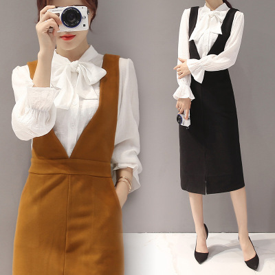 莞馨(wanxin)2016秋季新款休闲时尚百搭长袖蝴蝶结领衬衫背带裙套装 女