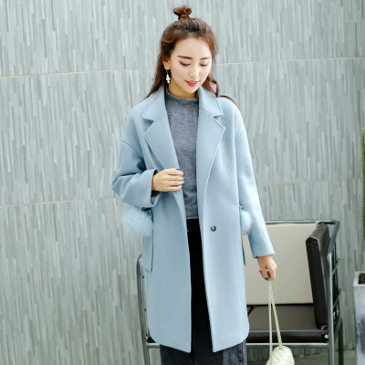 莞馨(wanxin)新款长款毛呢大衣2016冬季女装新款时尚休闲长袖polo领纯色毛呢外套潮