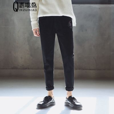 莞馨春季新款纯色休闲裤男士动物刺绣长裤韩版修身小脚裤潮裤子男黑色
