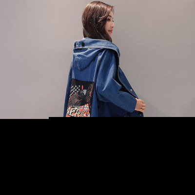 莞馨2017春秋新款韩版中长款学生休闲显瘦带帽外套百搭宽松印花风衣潮