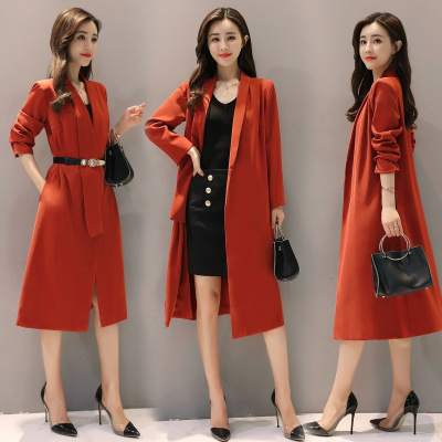 莞馨2017秋季新款韩版气质西装领过膝中长款修身黑色简约风衣外套女装