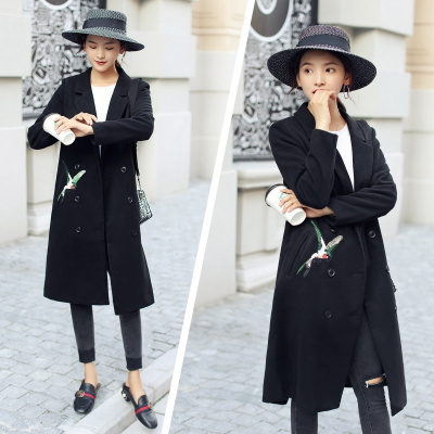 莞馨2017秋冬中长款茧型毛呢外套女冬修身显瘦刺绣毛呢子大衣加厚潮