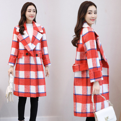 莞馨红色格子呢子大衣女中长款韩版2017新款冬季女装宽松妮子毛呢外套