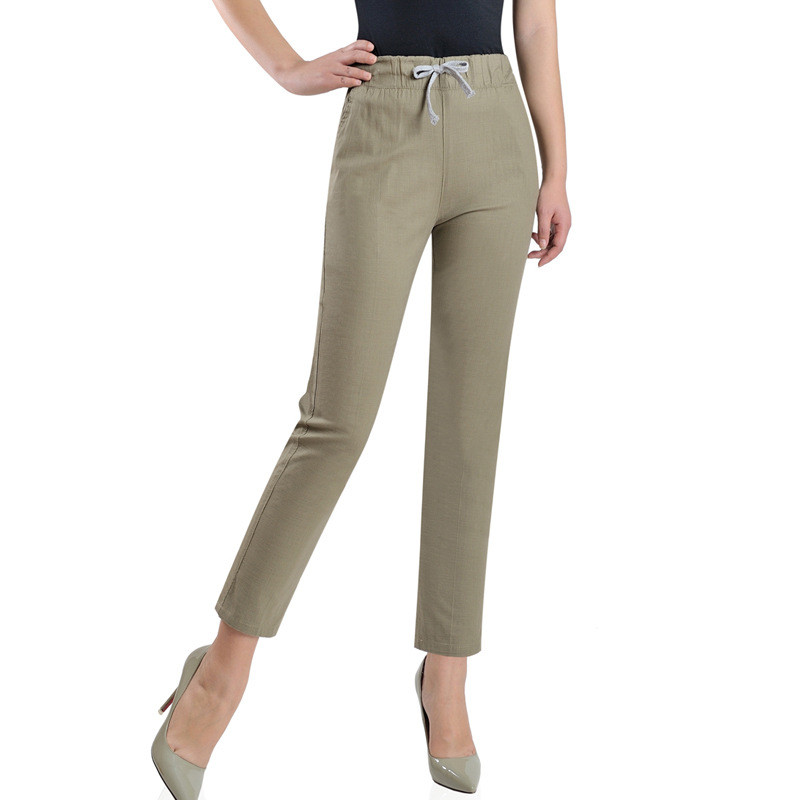 中老年松紧腰九分棉麻休闲裤女夏季薄款大码妈妈装弹力女裤9分裤
