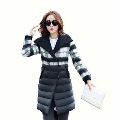 运动户外冬季黑白格纹毛呢拼接羽绒服翻领修身中长款女式羽绒服黑色