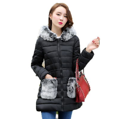 冬装韩版修身连帽羽绒服女獭兔毛领中长款棉服 秋冬户外运动休闲保暖外套