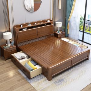 景山百岁 床 实木床 胡桃木床 双人床 现代中式家具 木质床 婚床 抽屉床1.8 1.5米高箱储物主卧床 021