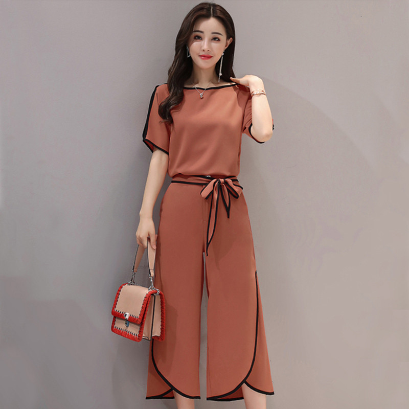 夏季套装时尚气质简约优雅圆领漏肩五分袖接拼韩版两件套配腰带