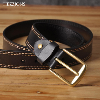 赫泽琼斯HEZZJONES男士真皮皮带复古纯牛皮腰带进口树膏皮纯铜扣裤带潮男牛仔裤针扣皮带黑色