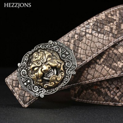 赫泽琼斯HEZZJONS定制中国风复古吞天兽纯铜扣皮带头层牛皮蛇纹真皮腰带青年个性潮男皮带进口牛皮+吞天兽扣
