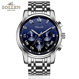 梭伦(SOLLEN)手表男自动机械表钢带镂空时尚休闲商务复古腕表夜光防水正装男表SL-801