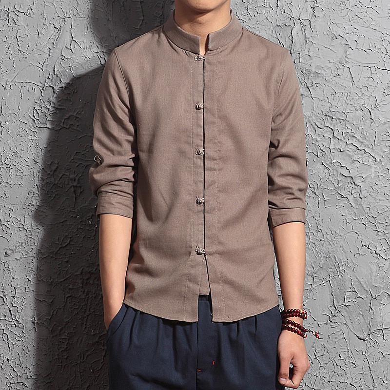 棉麻衬衫男中式立领上衣中国风大码休闲七分袖亚麻衬衫男 卓胜基男士