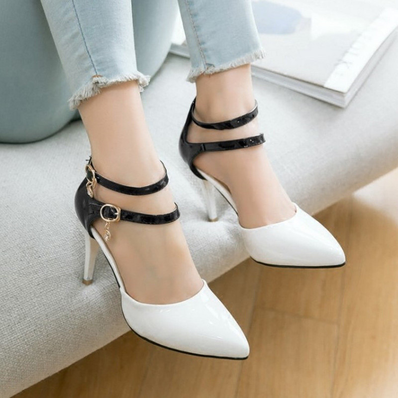 2017新款高跟凉鞋女式尖头细跟时尚漆皮鞋子百搭亮皮浅口女鞋英伦