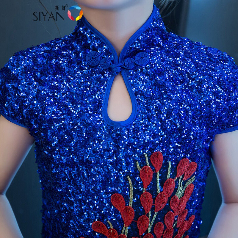 女大童旗袍裙2017新款复古童装小女孩儿童公主裙连衣裙中国风夏季蓝色