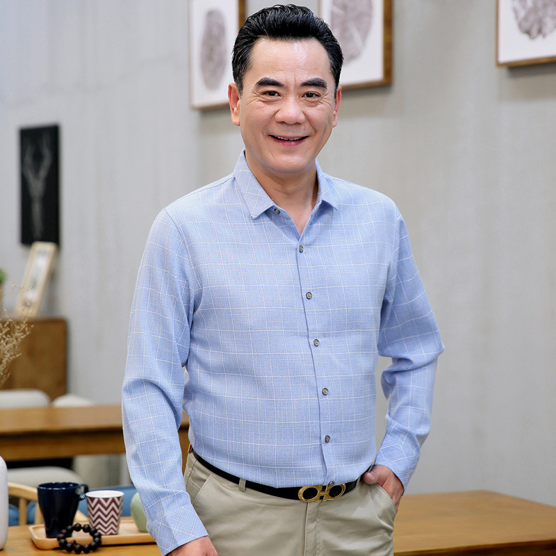 加州公牛父亲秋装爸爸装中年男士丝光棉长袖衬衫薄款中老年人男装格子