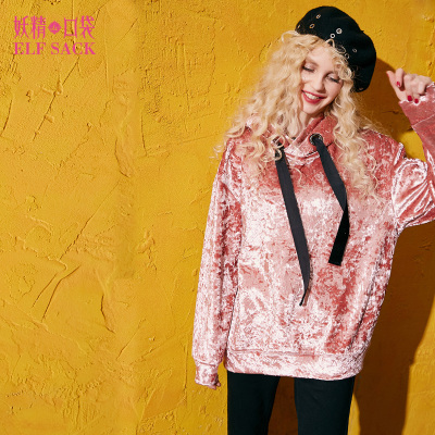 妖精的口袋-金色城堡秋装2017新款宽松休闲带帽钻石绒卫衣女