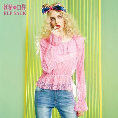 妖精的口袋Y温柔以待春装2017新款收腰荷叶边长袖蕾丝衫女短款