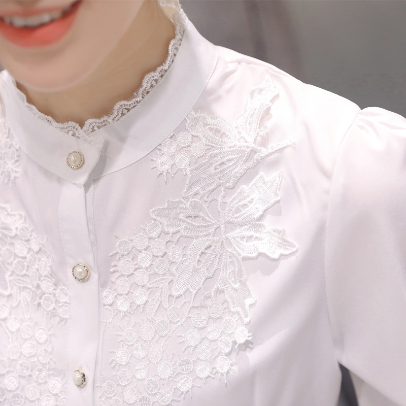 花边立领长袖白衬衫女韩版修身ol职业打底上衣蕾丝刺绣百搭雪纺衫