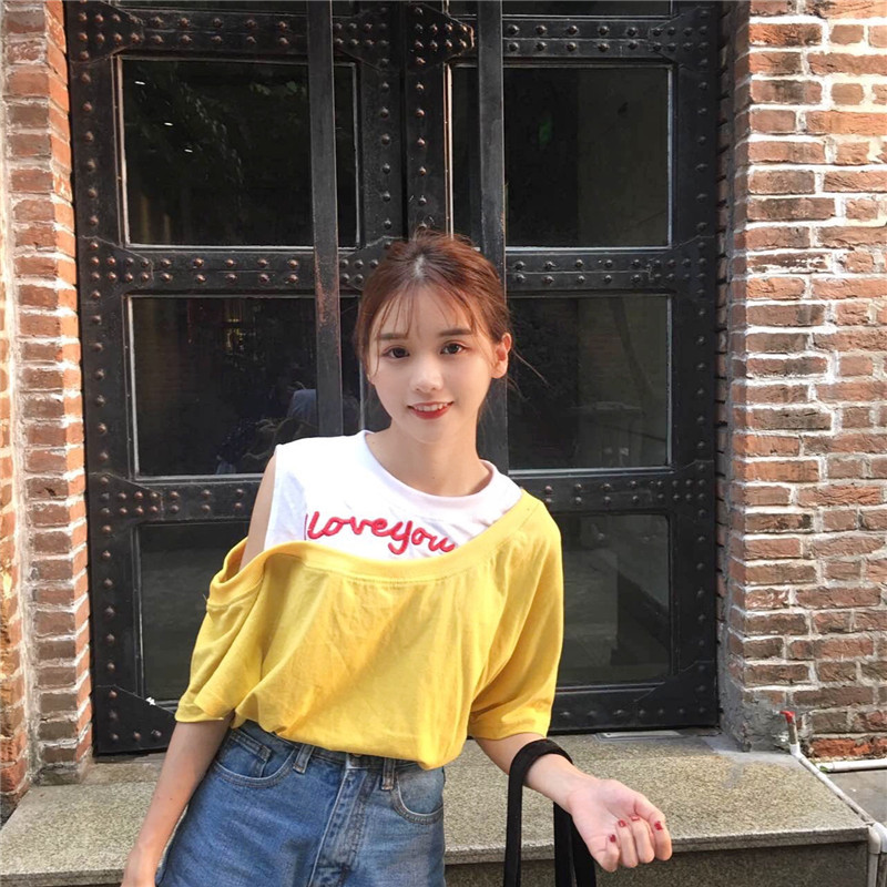 2017款】夏季韩版ulzzang小清新学生t恤女短袖漏肩上衣软妹港风t恤女