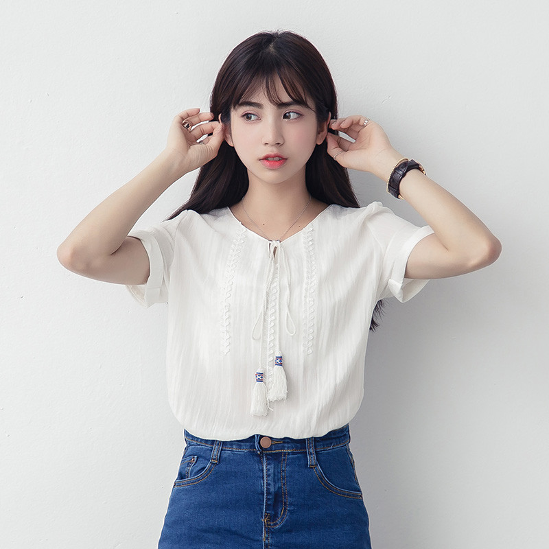 娉语春夏新款日系森女风系带立体绣花短款衬衣女学生宽松韩版流苏衬衫
