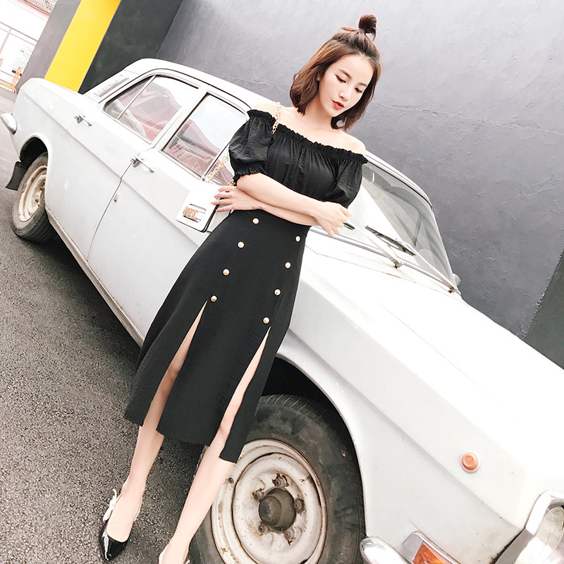 娉语2018新款韩版开叉气质高腰显瘦chic长裙一字肩露肩雪纺连衣裙女夏