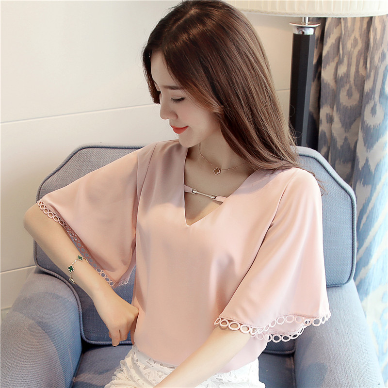 娉语雪纺衫短袖女2018新款女装心机v领喇叭袖荷叶边宽松上衣服女夏装