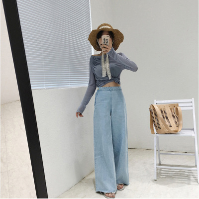 薇侣2017侧边拉链显瘦高腰喇叭裤长裤秋季女宽松复古阔腿牛仔裤
